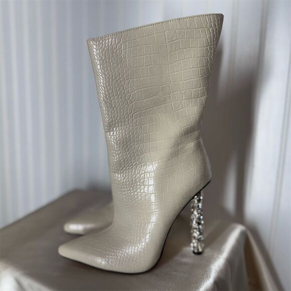 Azalea Wang Cream Croc Embossed Crystal Heel Pointed Toe Boots Size 7.5 - Picture 1 of 9
